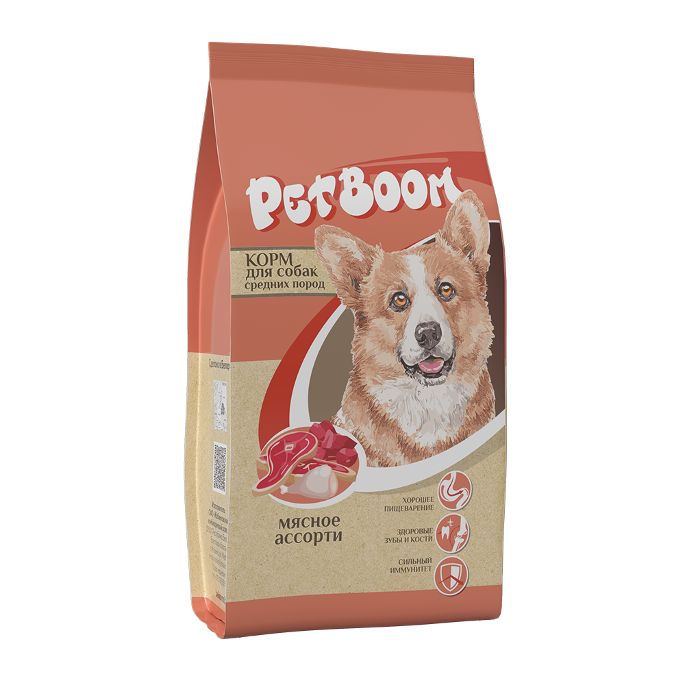 «PetBoom» корм сухой для взрослых собак средних пород мясное ассорти полнорационный 10 кг 1 «PetBoom» корм для собак средних пород мясное ассорти полнорационный купить Минск